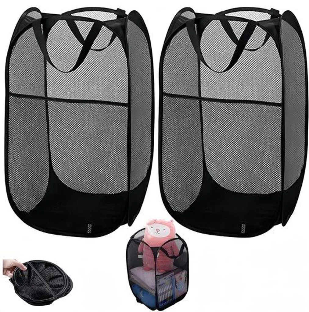 Corbeille à linge pliable noire portable x2 - Sac de rangement textile