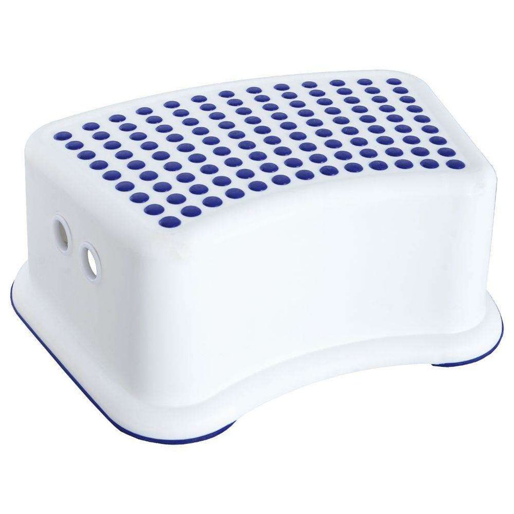 A white step stool with blue dots on top, shown from a slight angle against a white background.