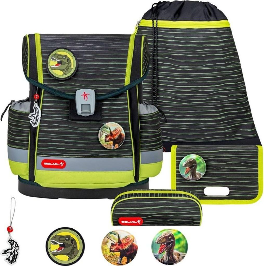 Belmil Classy Plus ergonomisches Schulranzen-Set 5-teilig "Prehistoric Times" mit Brustgurt, Magnetverschluss, Patch Set 3 Stück