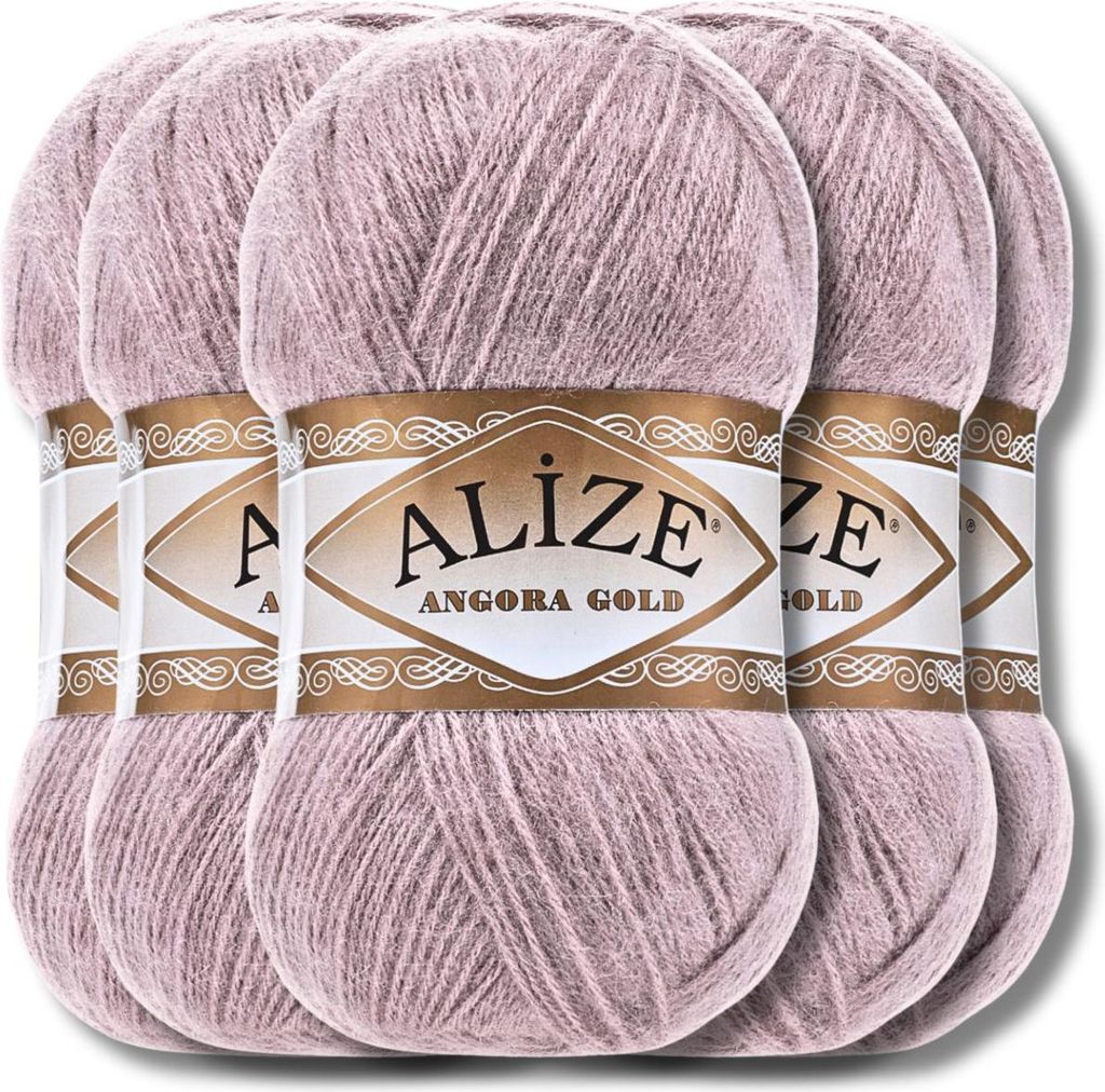 Alize 5x 100g Angora Gold Wolle, Uni, Häkeln, Stricken (Rose Grey | 163)