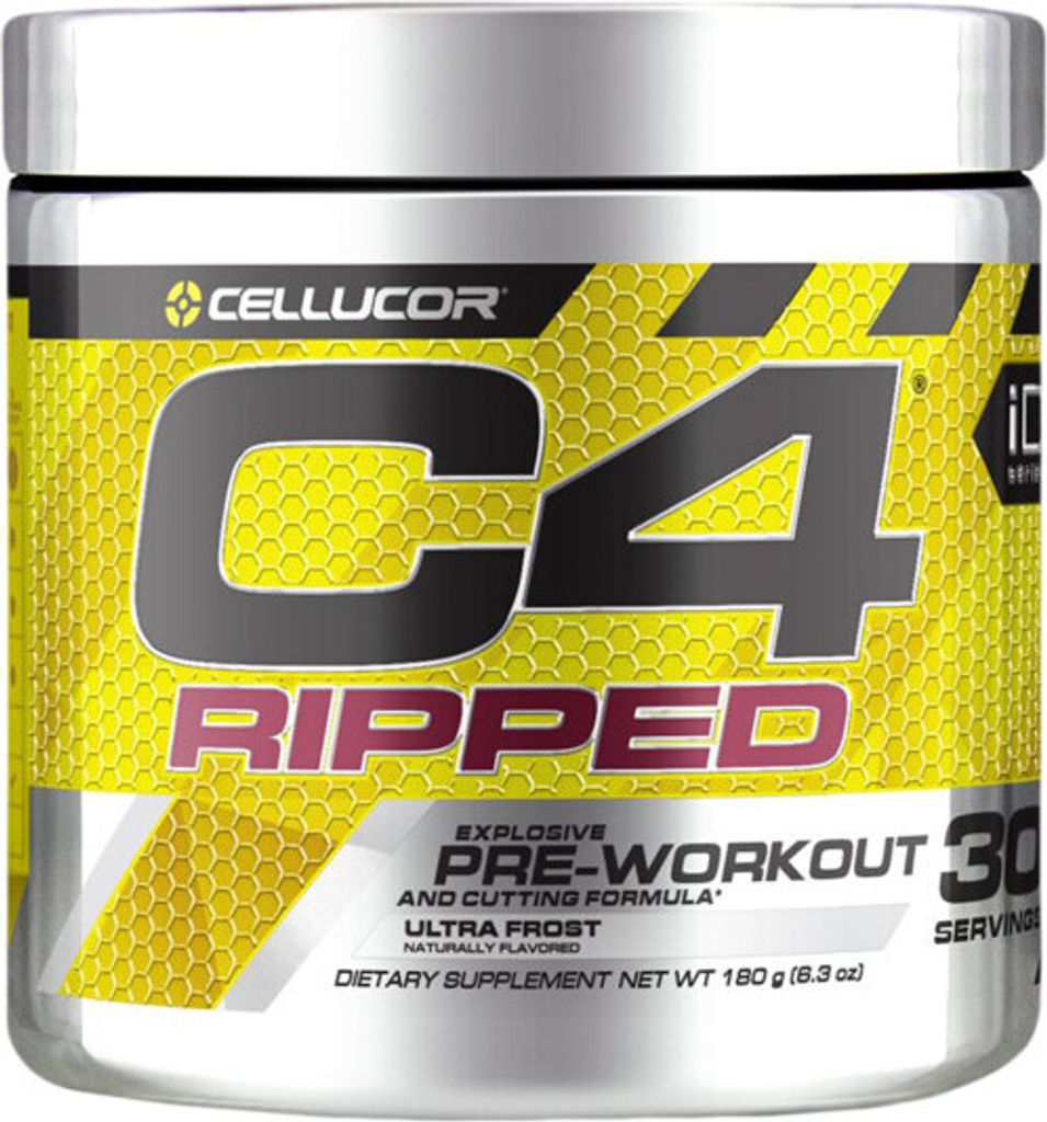 A product shot of a Cellucor C4 Ripped pre-workout supplement container.