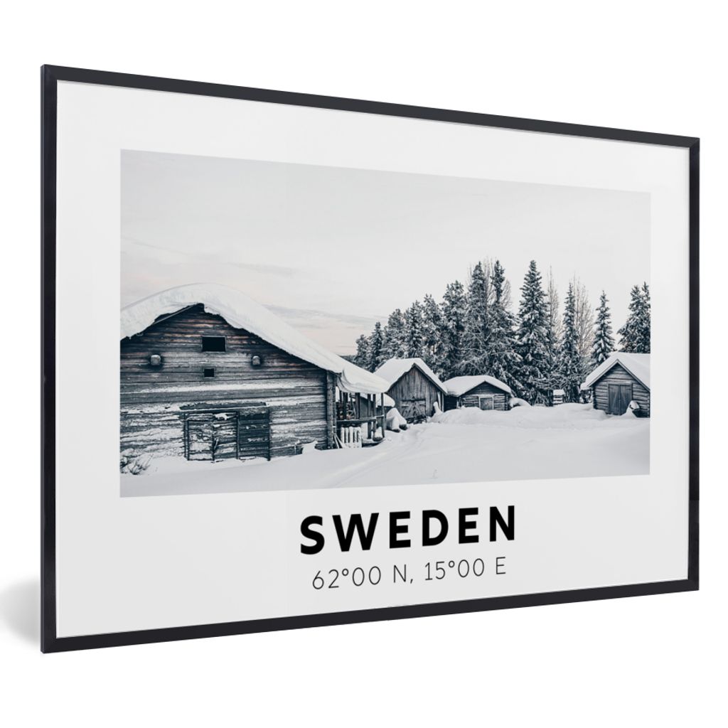 MuchoWow Gerahmtes Poster Schweden - Schnee - Baum - Skandinavien 30x20 cm - Poster mit Schwarzem Bilderrahmen Wandposter Rahmen Foto Bilder - Ku...