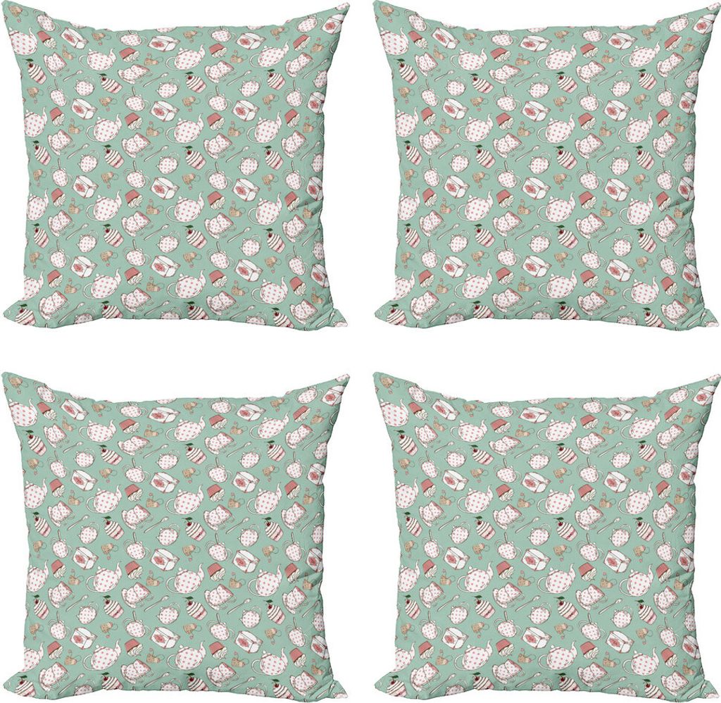 ABAKUHAUS Tee-Party Kissenbezug Set (4 Stück), Gepunktete Töpfe und Tassen, Moderner Doppelseitiger Digitaldruck, 40 cm x 40 cm, Almond Grün Coral