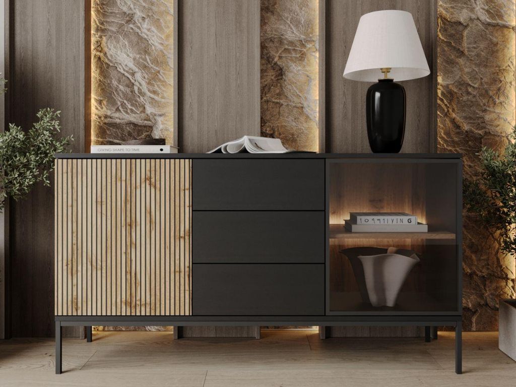 GrainGold Kommode Deo - Kommode mit Schubladen und Türen - Sideboard, TV-Kommode, LED-Beleuchtung, Kommode mit Glas - Kommode Graphit, Eiche Wotan