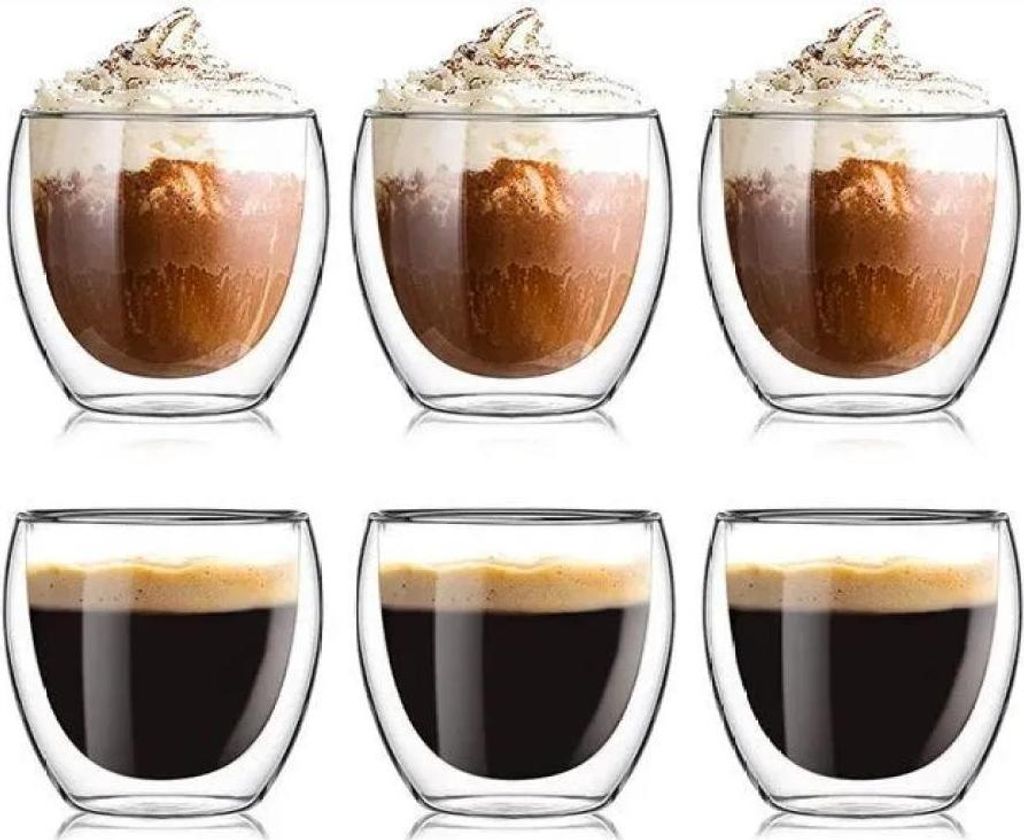 6 Tassen im Café, 80 ml, Espresso-Glas, doppelwandig, Cappuccino-beständig, Glas Borosilikatglas, transparent