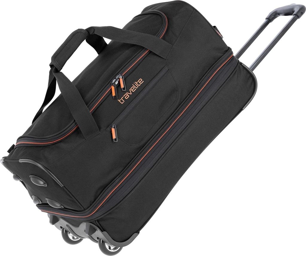 A black rolling duffel bag with orange trim, shown at an angle against a white background.