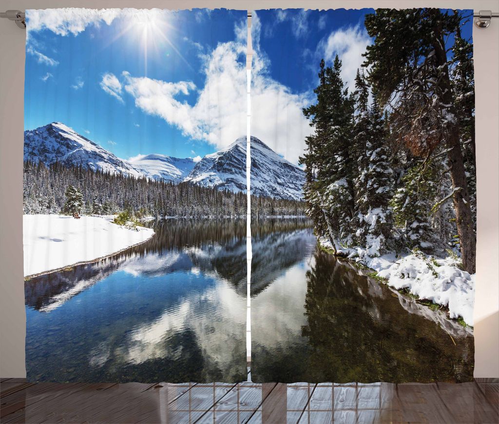 ABAKUHAUS Winter Rustikaler Vorhang, Ruhige Nationalpark, Wohnzimmer Universalband Gardinen mit Schlaufen und Haken, 280 x 175 cm, Braun Blau Weiß