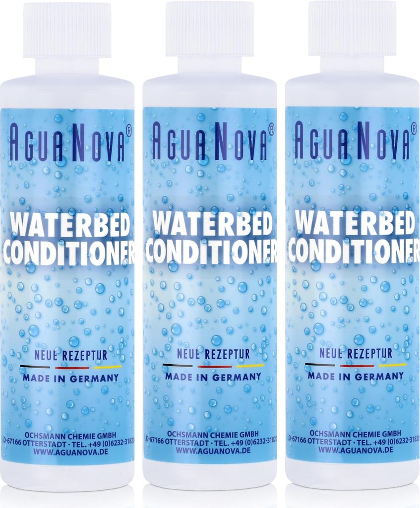 Three bottles of AguaNova waterbed conditioner are displayed side-by-side against a white background. The bottles have a blue label with water bubble graphics.