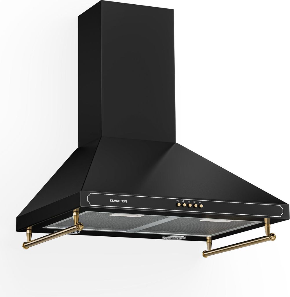 A black kitchen range hood with gold accents, shown against a white background.