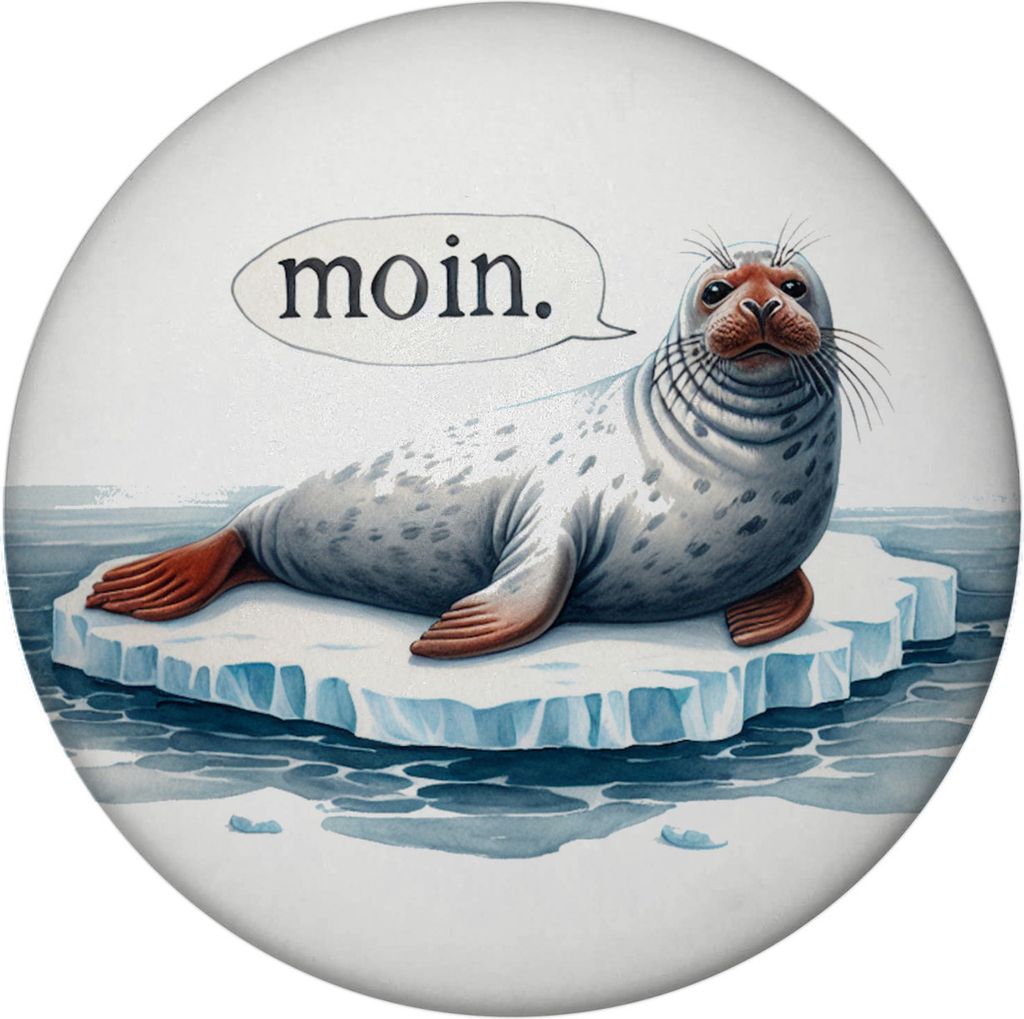 Robbe auf Eisscholle Magnet rund mit Spruch Moin