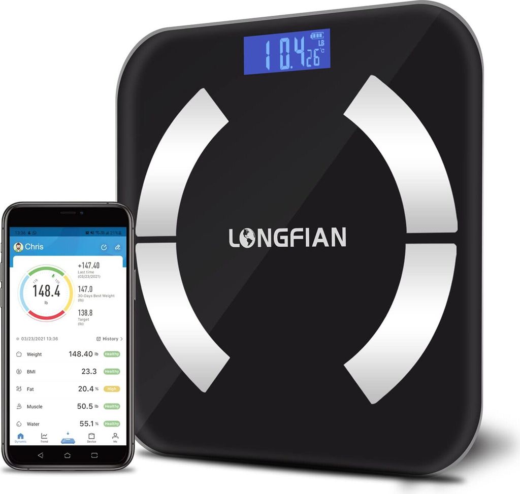LONGFIAN Intelligente Waage für Körperfettwaage,Personenwaage mit APP