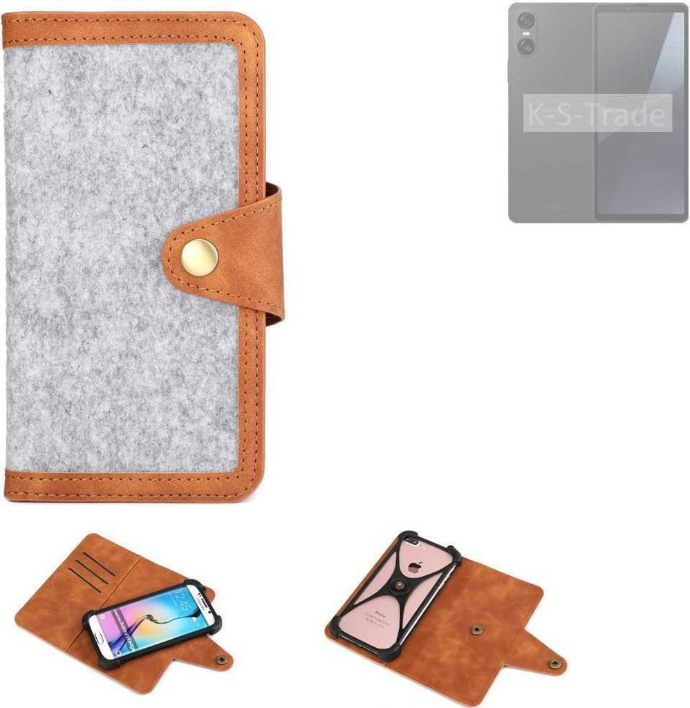 K-S-Trade Handyhülle kompatibel mit Sony Xperia 10 VI Schutzhülle Filz-Hülle Kunst-Leder hellgrau braun (1x)