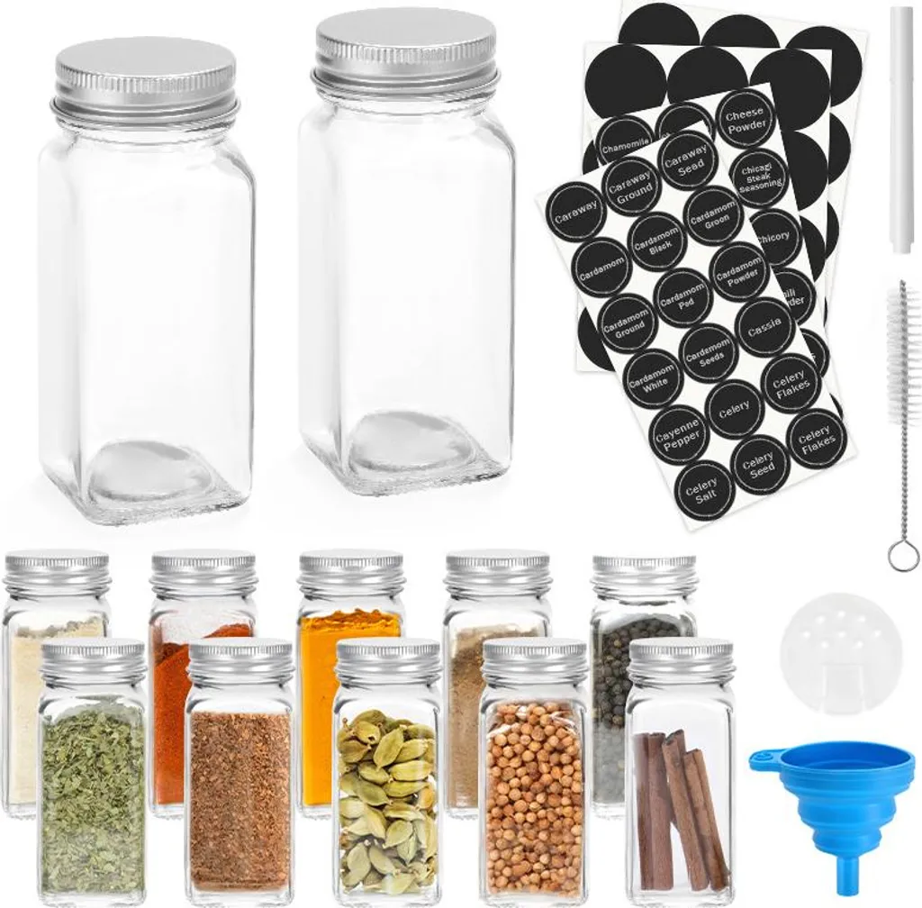 Jayseuw barattoli per spezie quadrati 24 pezzi 120ml barattoli per spezie in vetro con inserto per spolverare, etichette impermeabili, imbuto, spazzola per la pulizia contenitore per spezie accessori da cucina, coperchio in alluminio argento