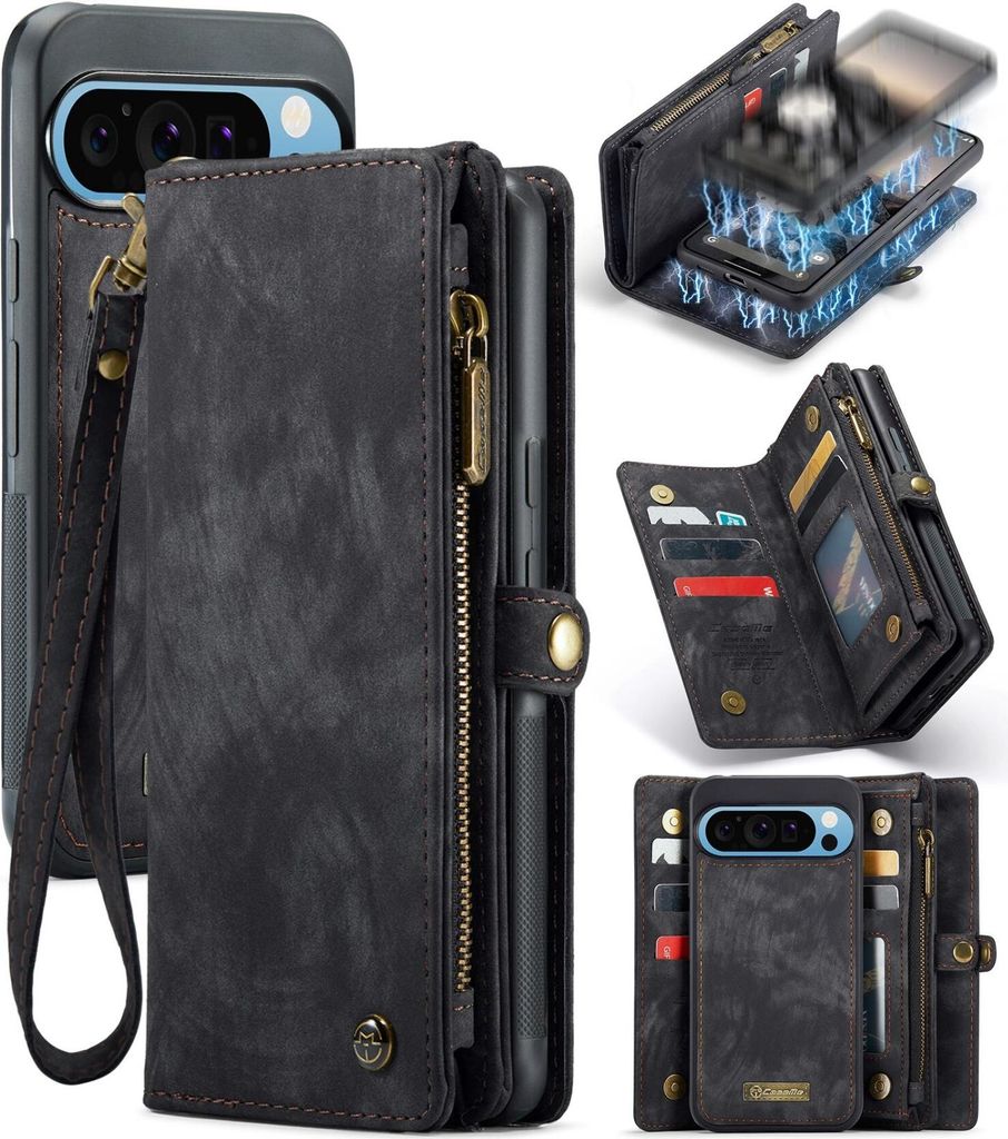 CaseMe 008 Google Pixel 9 Pro XL Hülle Abnehmbare 2in1 Klapphülle Geldbörse - Schwarz