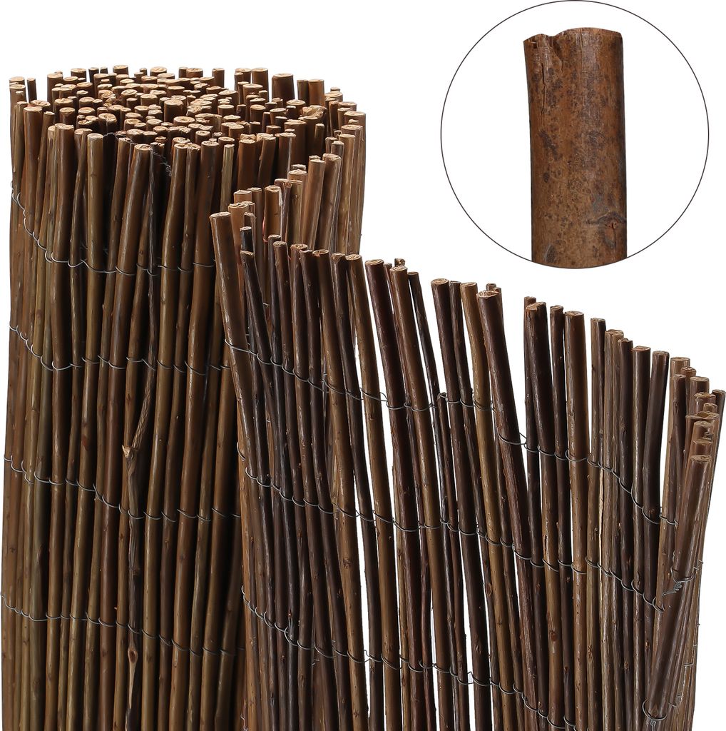 A close-up view of a rolled-up willow fence mat, with a magnified section showing the texture of the willow sticks.