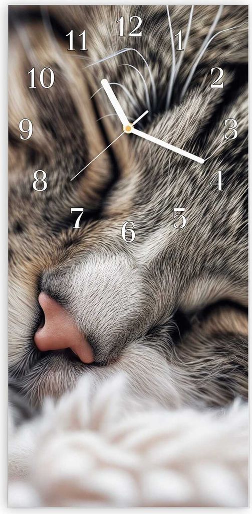 Wanduhr aus Glas mit Motiv Schlafende Katze- 30 x 60 cm - inkl. Aufhängesystem