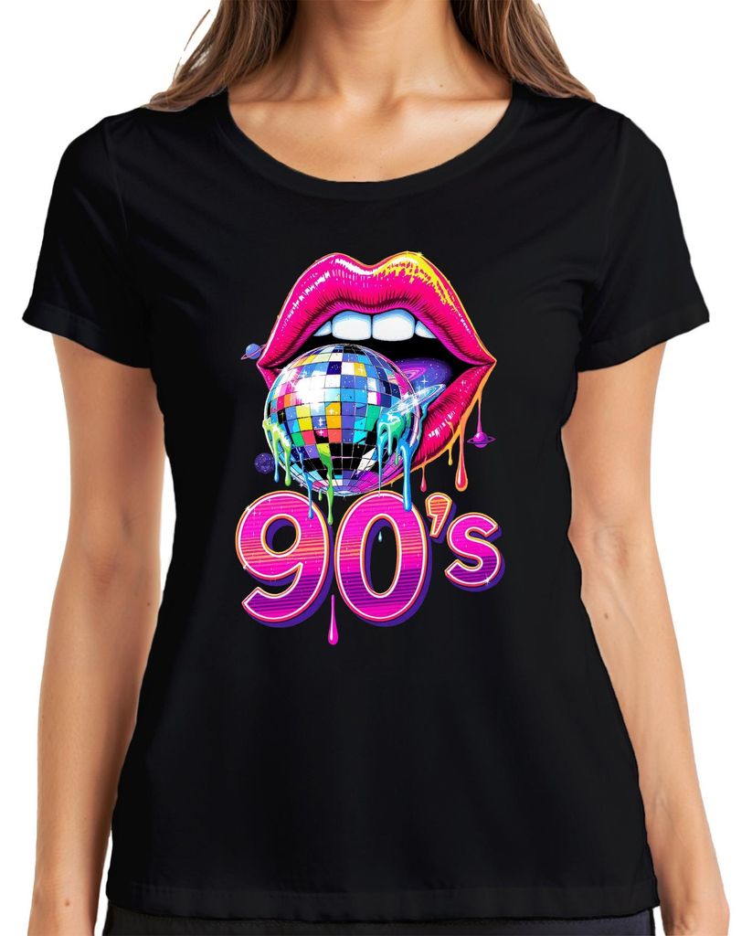 90's Discokugel Lippen Pop Art Neon Retro Party Geschenk Damen T-Shirt, Schwarz, XL
