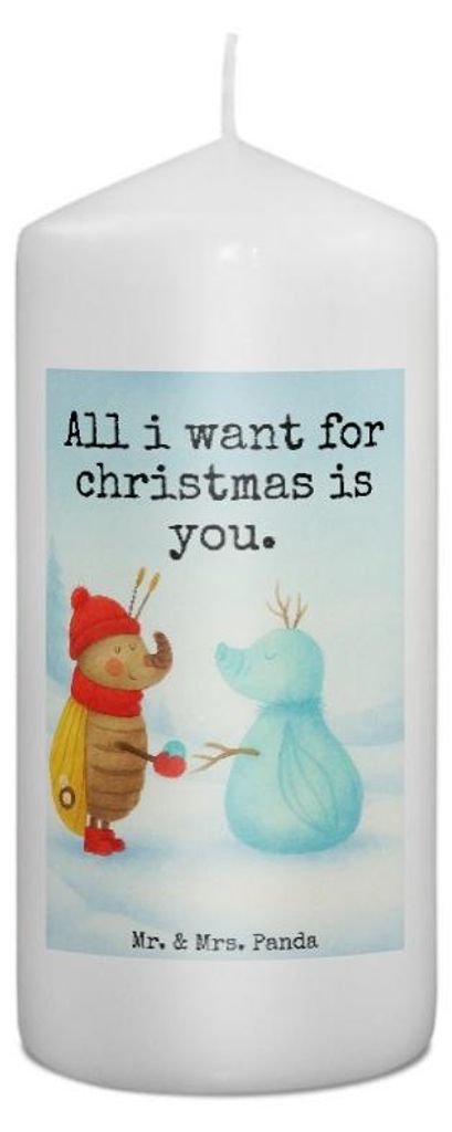 Mr. & Mrs. Panda Kerze Nachtfalter Schneemann Design 15 x 7 cm - Weiß - Geschenk, Wachskerze, Winterzeit, Heiligabend, Weihnachten, Bedruckte, Eri...