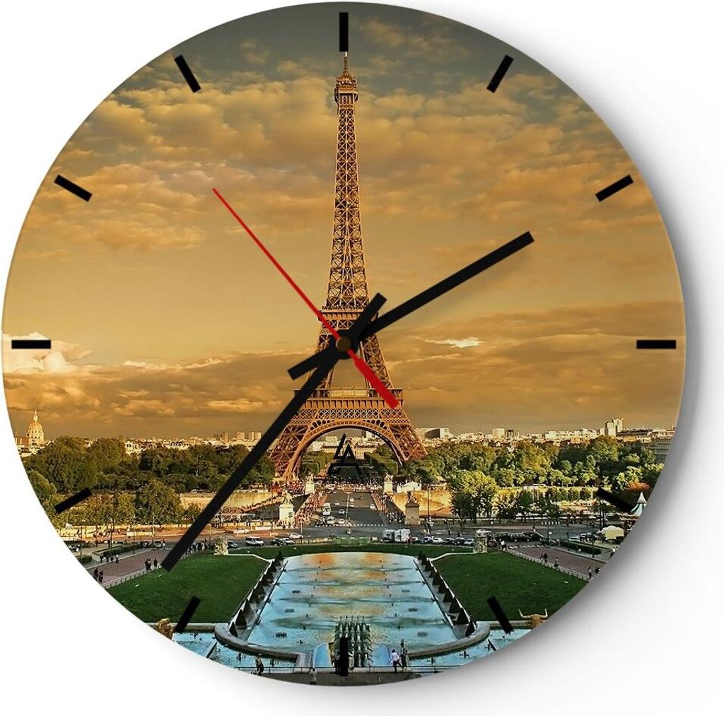 Wanduhr - Rund - Glasuhr - Eiffelturm Frankreich Paris - 40x40cm - Schleichendes Uhrwerk - Lautlos - zum Aufhängen bereit - Dekoration Modern - Wa...