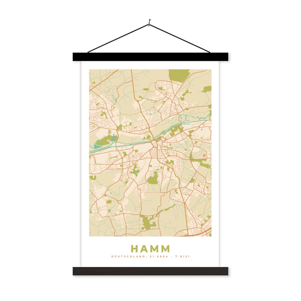 MuchoWow Textilposter Karte - Hamm - Vintage - Stadtplan 60x90 cm mit schwarzem Rahmen - Poster Wohnzimmer