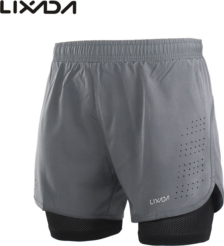 Lixada Laufshorts, Sportshorts, Herrenshorts, Fitness-Schnelltrocknende Hosen, Radlerhosen, atmungsaktiv, Hellgrau+Schwarz, Größe L