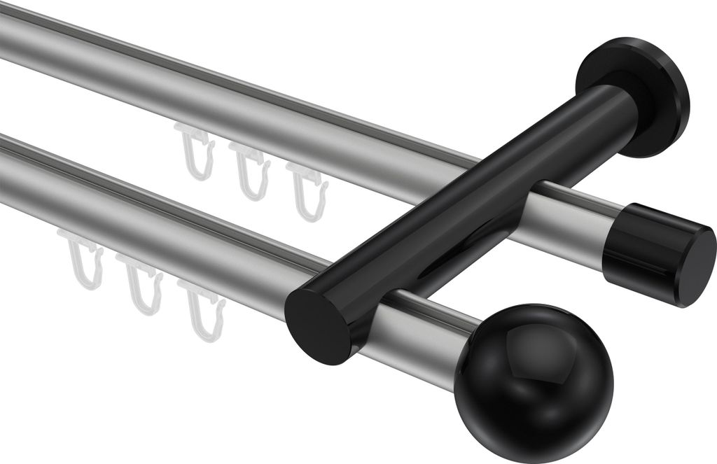 Interdeco Innenlaufstange / Gardinenstange mit Innenlauf Silbergrau / Schwarz, Typ Platon Luino (Kugel), 20 mm Ø 2-läufig, 320 cm