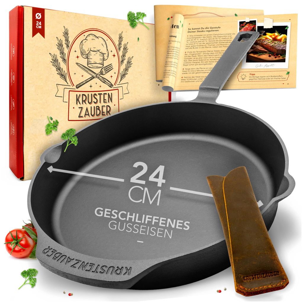 KRUSTENZAUBER 24cm Gusseisenpfanne Induktion - Fein Geschliffene Gusseisen Pfanne - Ideale Grillpfanne Induktion, Eisenpfanne, Cast Iron Pan, Bratp...