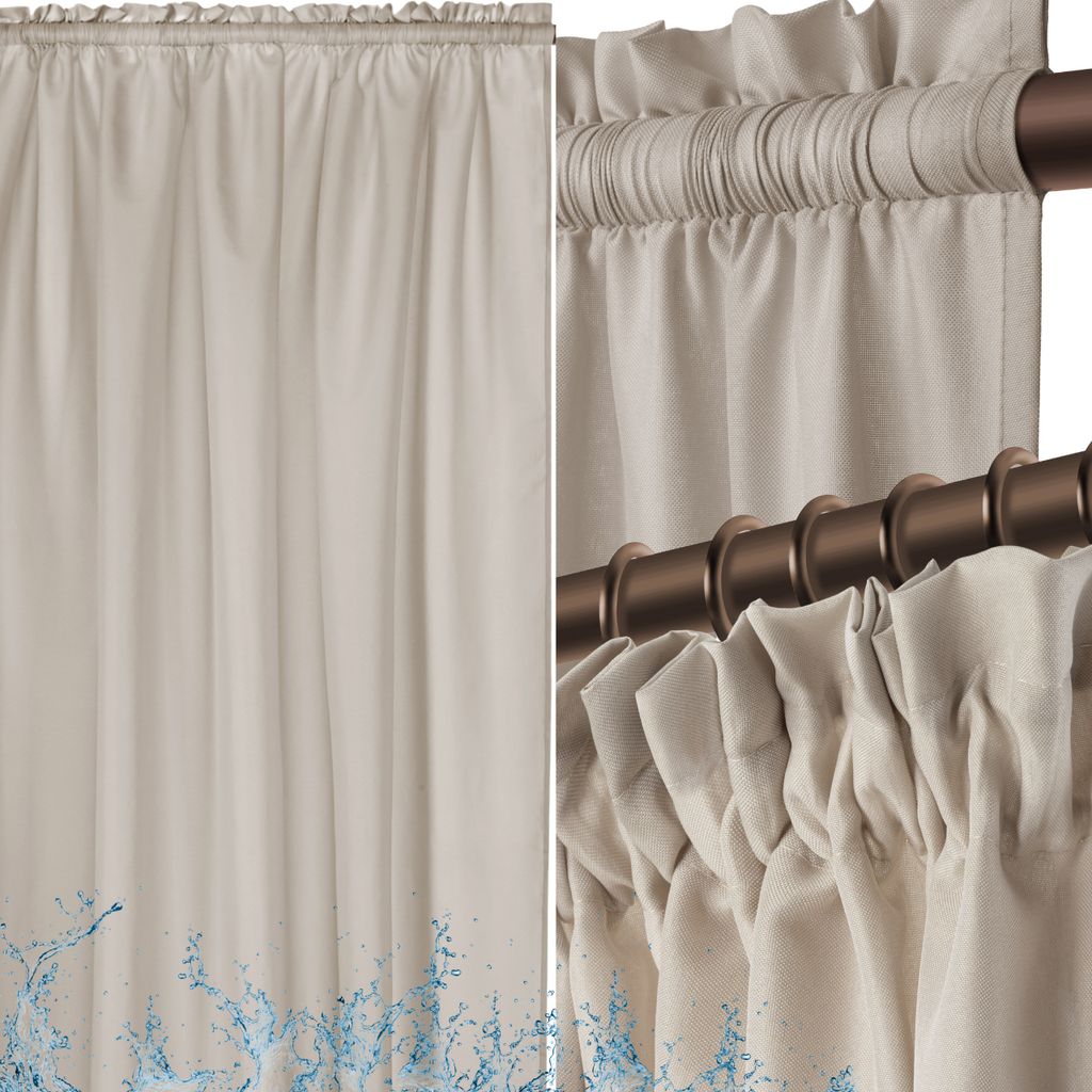 A collage showing two close-up views of beige curtains with a blue water splash design at the bottom. One view shows the fabric texture and the ruffled top edge, while the other shows the curtain hanging from a rod with rings.