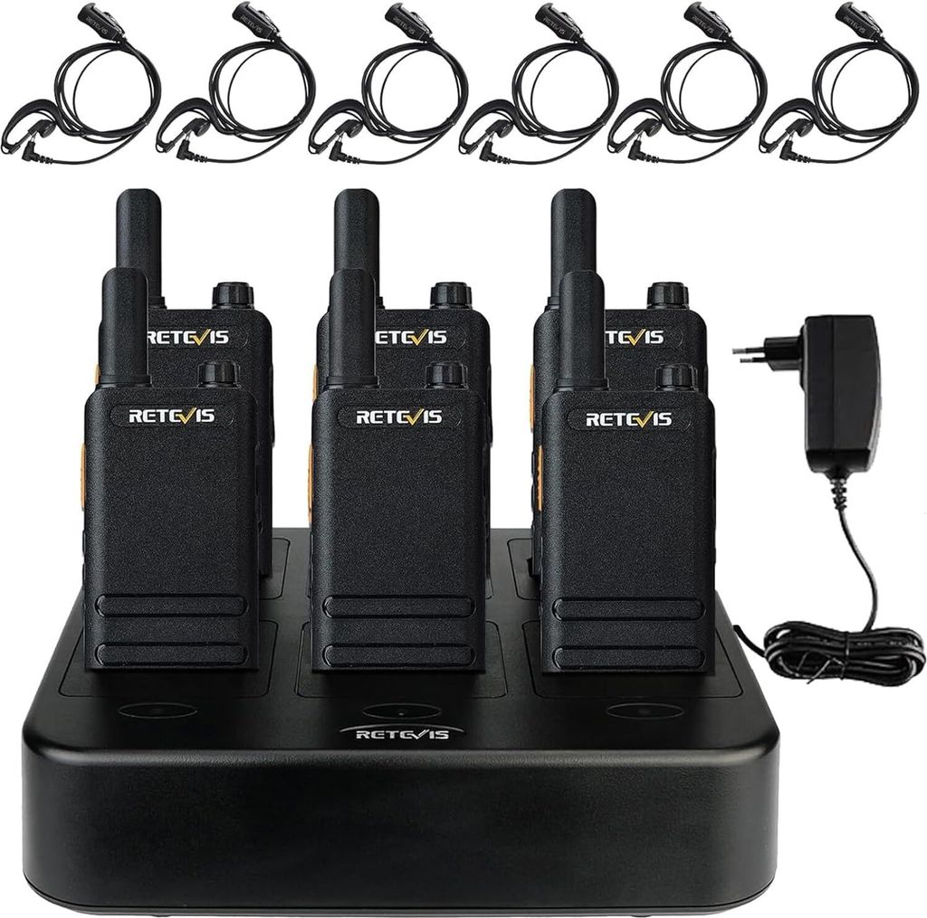 A set of six Retevis walkie-talkies are neatly arranged on a black charging base, with individual charging cables and a power adapter visible.