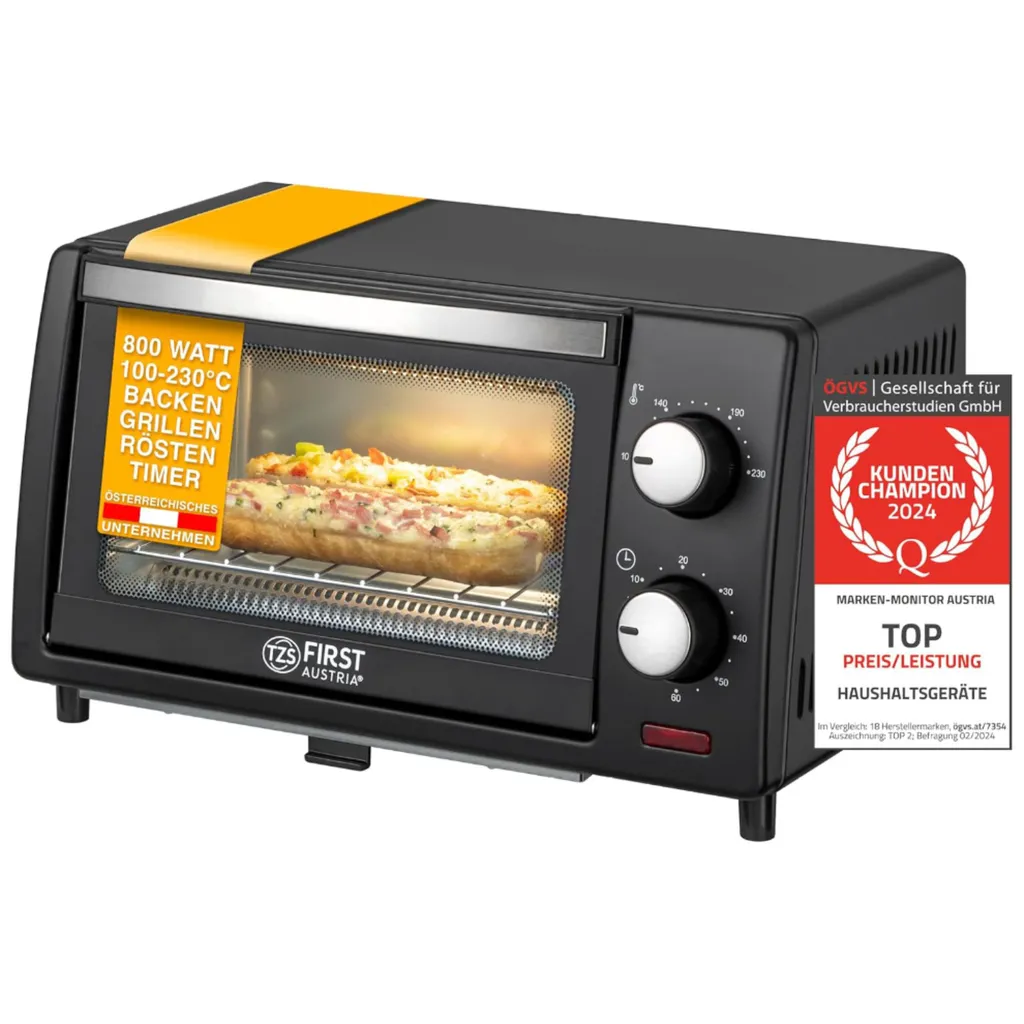 TZS First Austria Mini forno da 10 litri | 800 watt | fino a 230 gradi, regolazione continua della temperatura | timer da 60 minuti | 2 altezze di ripiano | doppio sportello in vetro | mini forno *B-goods*
