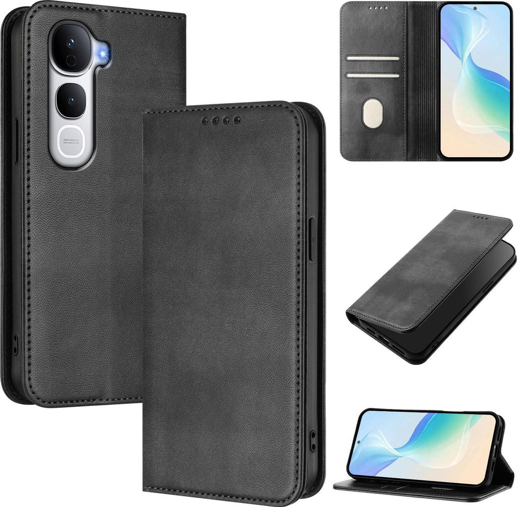 Handyhülle für vivo Y400 Pro 5G, Vintage Leder RFID Schutz Kartenfach Standfunktion Magnetische Klapphülle Schwarz