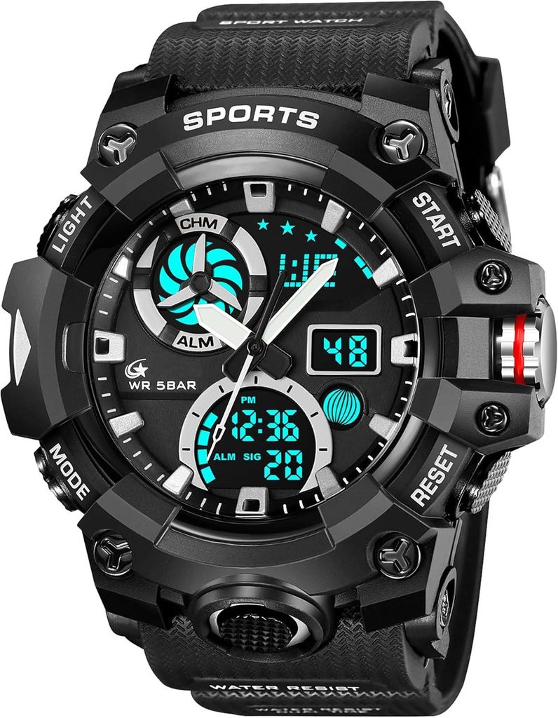 Herren Sport Militär Armbanduhr Analog Digital Dual Time 5ATM Wasserdicht LED Wecker Stoppuhr Kalender 12/24H Outdoor robuste Uhr