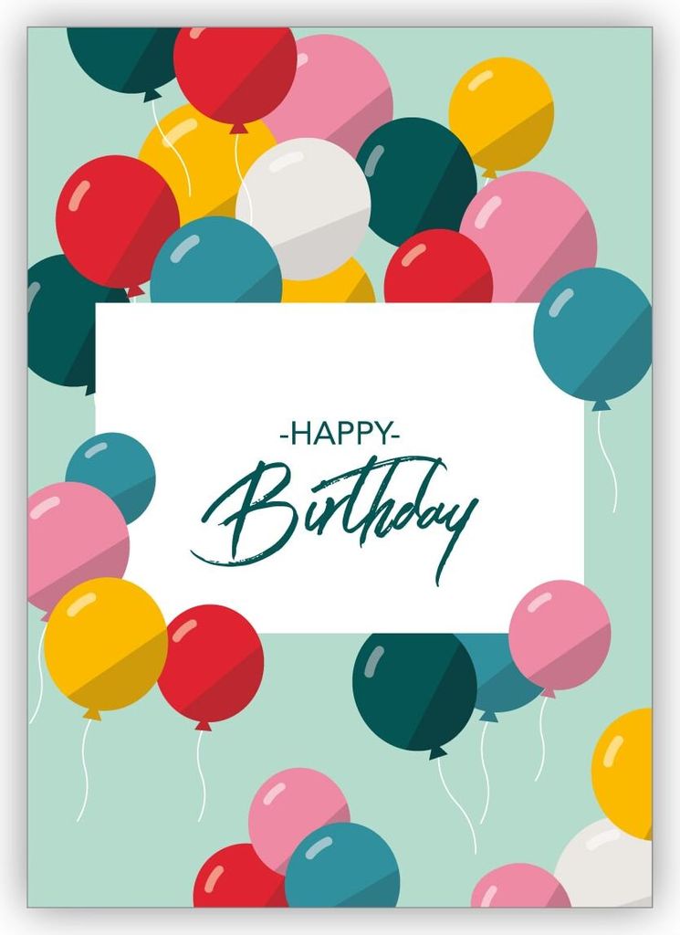 Fröhliche bunte Geburtstagskarte mit fliegenden Luftballons als Glückwunschkarte zum Geburtstag: Happy Birthday