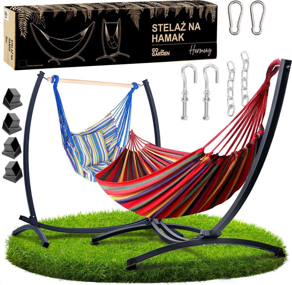 Houpací síť s rámem, zahradní kovový stojan, závěsné křeslo 2 v 1, pevné houpací křeslo