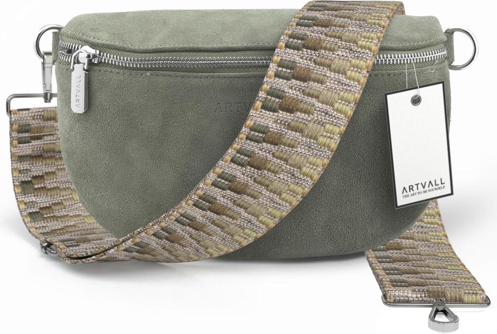 ARTVALL - Umhängetasche aus Wildleder, Klein mit verstellbarem Schultergurt, abnehmbares Taschenband, Crossbody Bag in Grün
