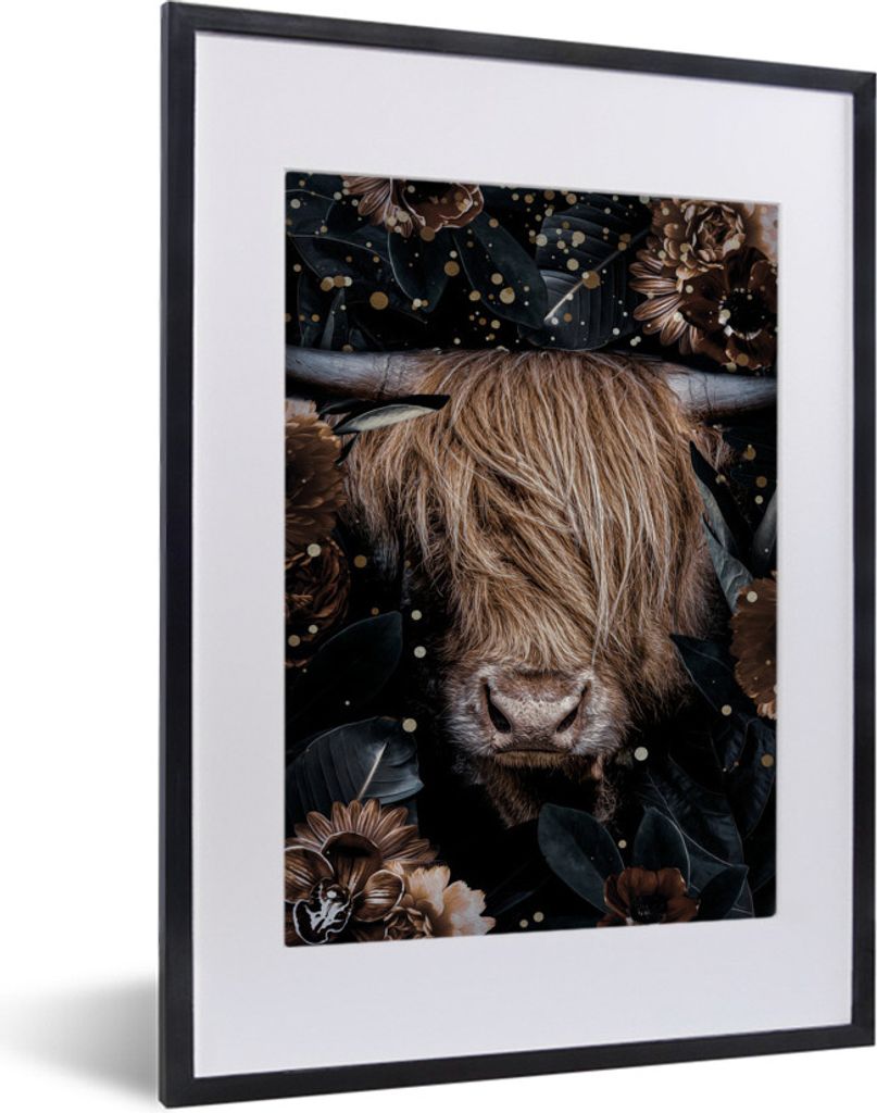 MuchoWow MuchoWow Gerahmtes Poster Scottish Hochlandrind - Blumen - Pflanzen 30x40 cm - Poster mit zchwarzem Bilderrahmen - Wandposter Schlafzi...