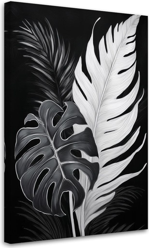 Leinwandbild Schwarz-Weiß Monstera-Blätter 60x90 Feeby Schwarz-Weiß bild für die wand bereit zum aufhängen