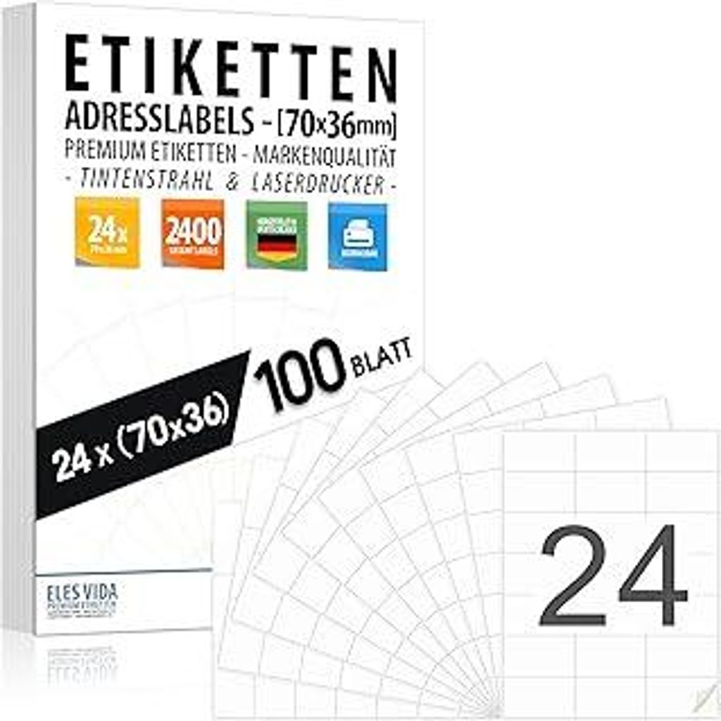 Versandetiketten 70x36 mm (2400 Etiketten – 100 Blatt A4) selbstklebend, bedruckbar, Tinten- und Laserdrucker Adressaufkleber, Adressetiketten, D...