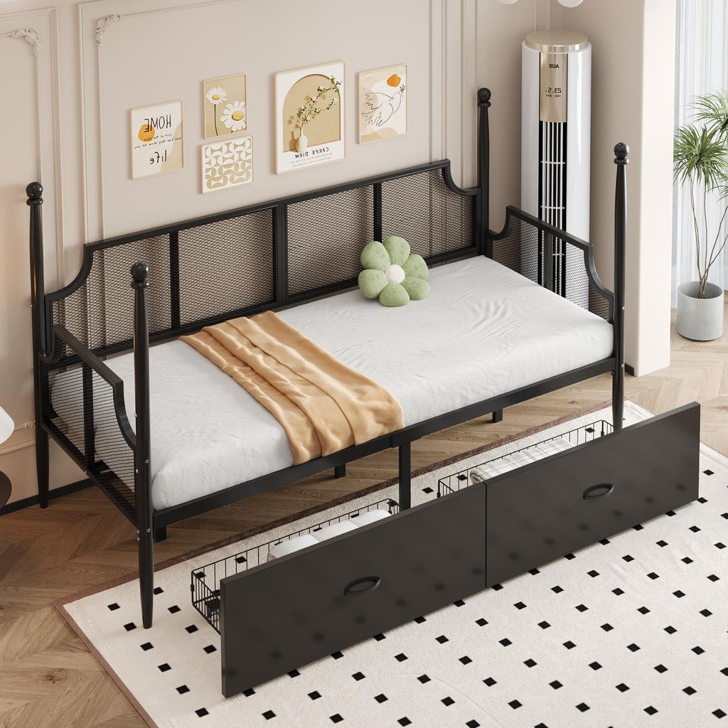 Merax Tagesbett Eisenbett 90x200cm mit Schubladen, Schlafsofa mit Metallrahmen und Lattenrost, Jugendbett Gästebett in Vintage Design, Schwarz