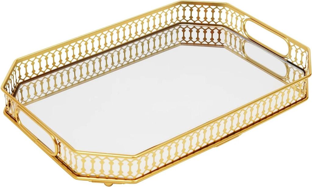 Dekoratives Tablett - Rechteckiges Servier- und Kosmetiktablett - Galvanisiertes Eisen - Glasoberseite - 35×25×5 cm - Gold