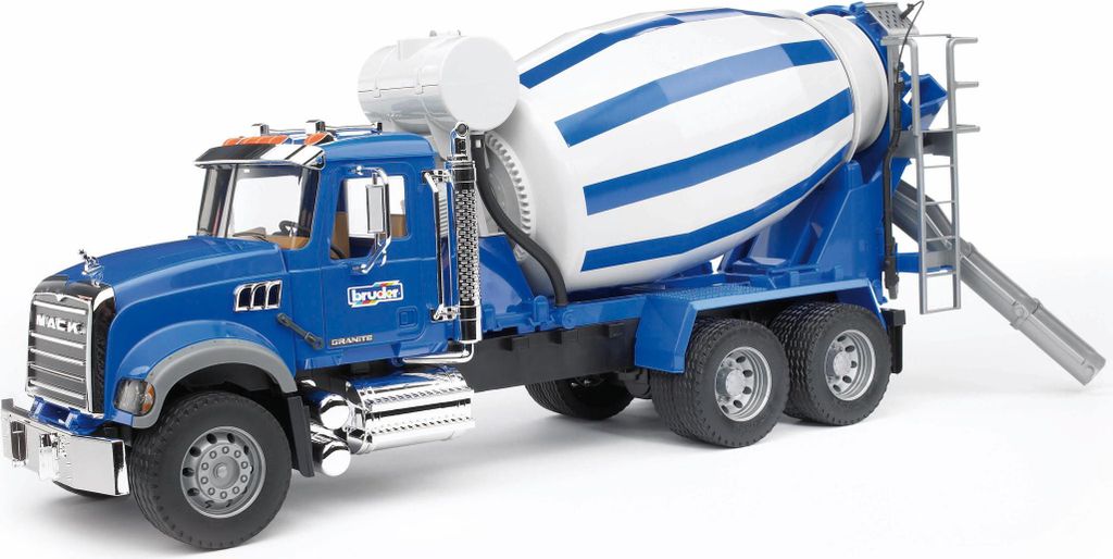 A blue and white MACK Granite cement mixer truck is shown against a white background.