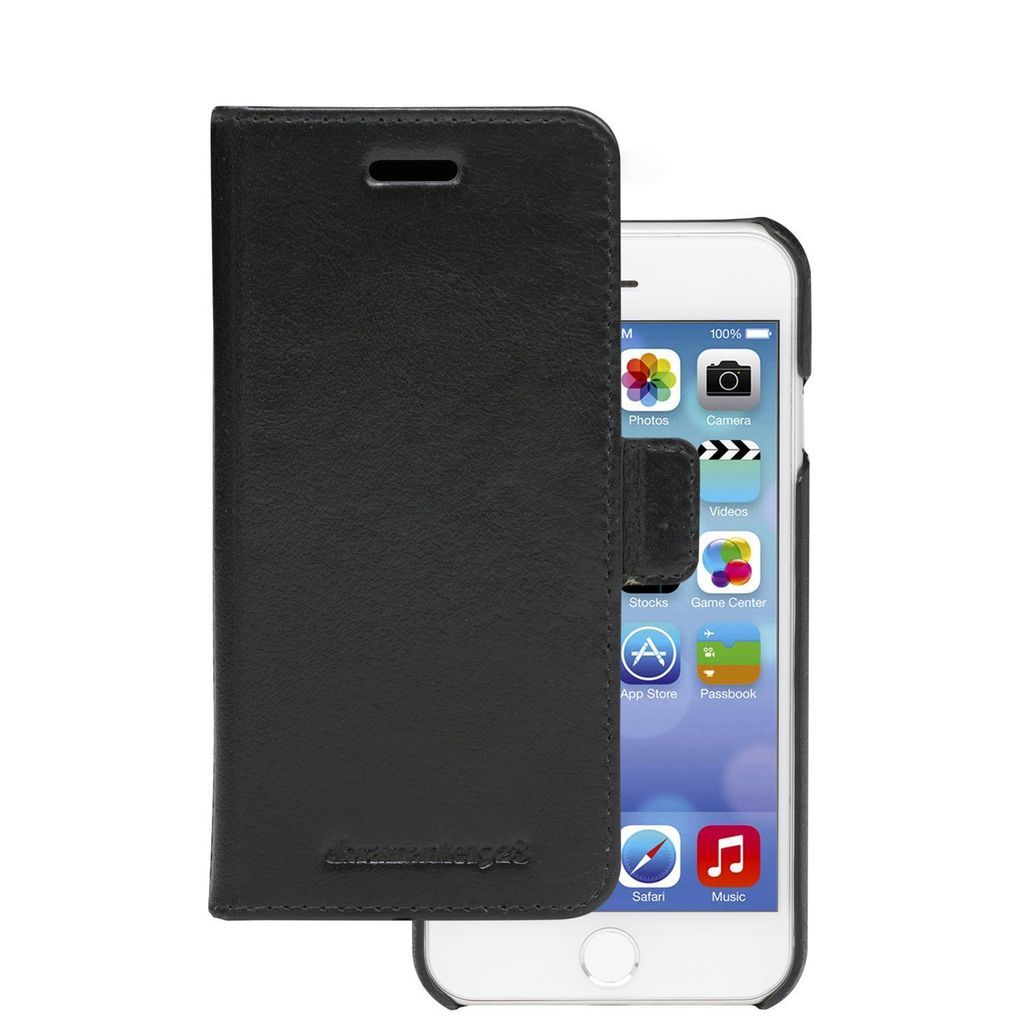 A black flip case is shown partially covering a white smartphone.
