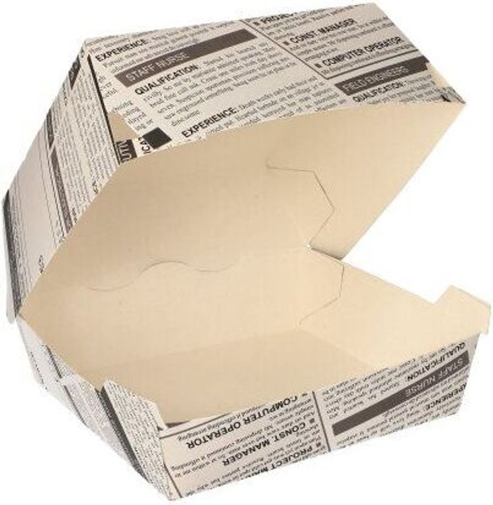 Burgerboxen, Pappe 7 cm x 12,5 cm x 12,5 cm "Newsprint" groß