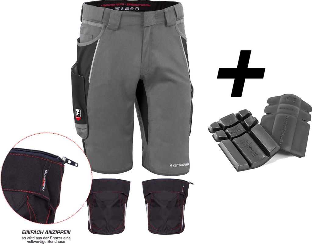 Qualitex kurze Arbeitshose - HANDWERKER-BUNDLE IRON Shorts + Kniepolstertasche inklusiv Kniepolster - in Farbe: grau/schwarz - Herren: 50 - Damen: 44