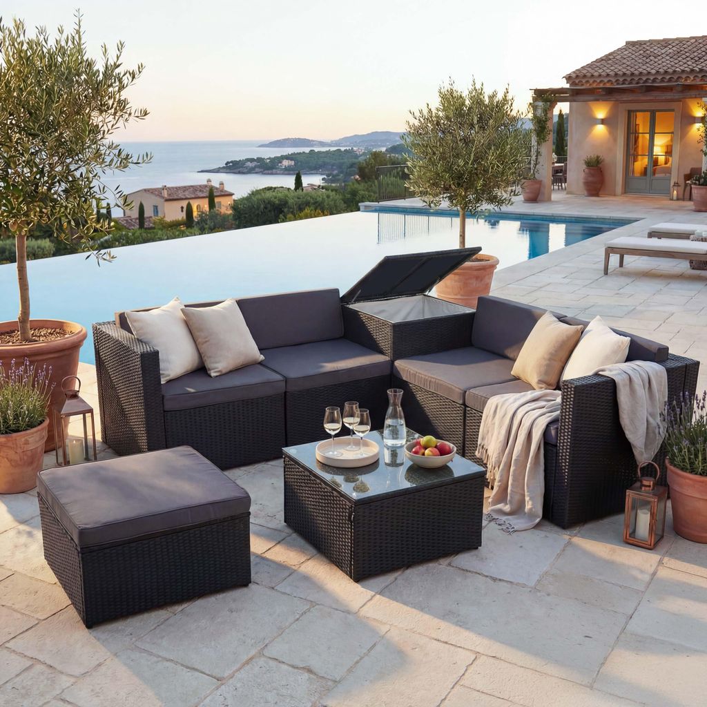 Poly-Rattan-Garnitur HWC-D21, Balkon-/Garten-/Lounge-Set Sofa Sitzgruppe, Box Staufach anthrazit, Kissen dunkelgrau