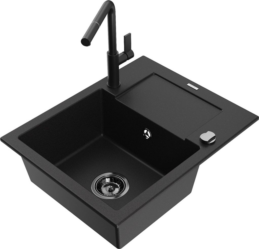 Mexen Enzo 1 Becken-Granitspüle mit Abtropffläche und Mischbatterie Flora, Schwarz - 6506-77-670401-70-B