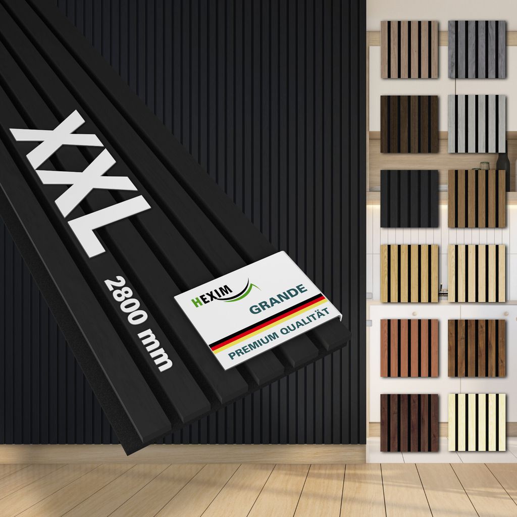 HEXIM Akustikpaneele 4 Stück 280x30cm Holz Grande - XXL Wandpaneele Platten Lamellen Holzpaneele Echtholzfurnier 21mm Filz Schalldämmung MDF Schw...
