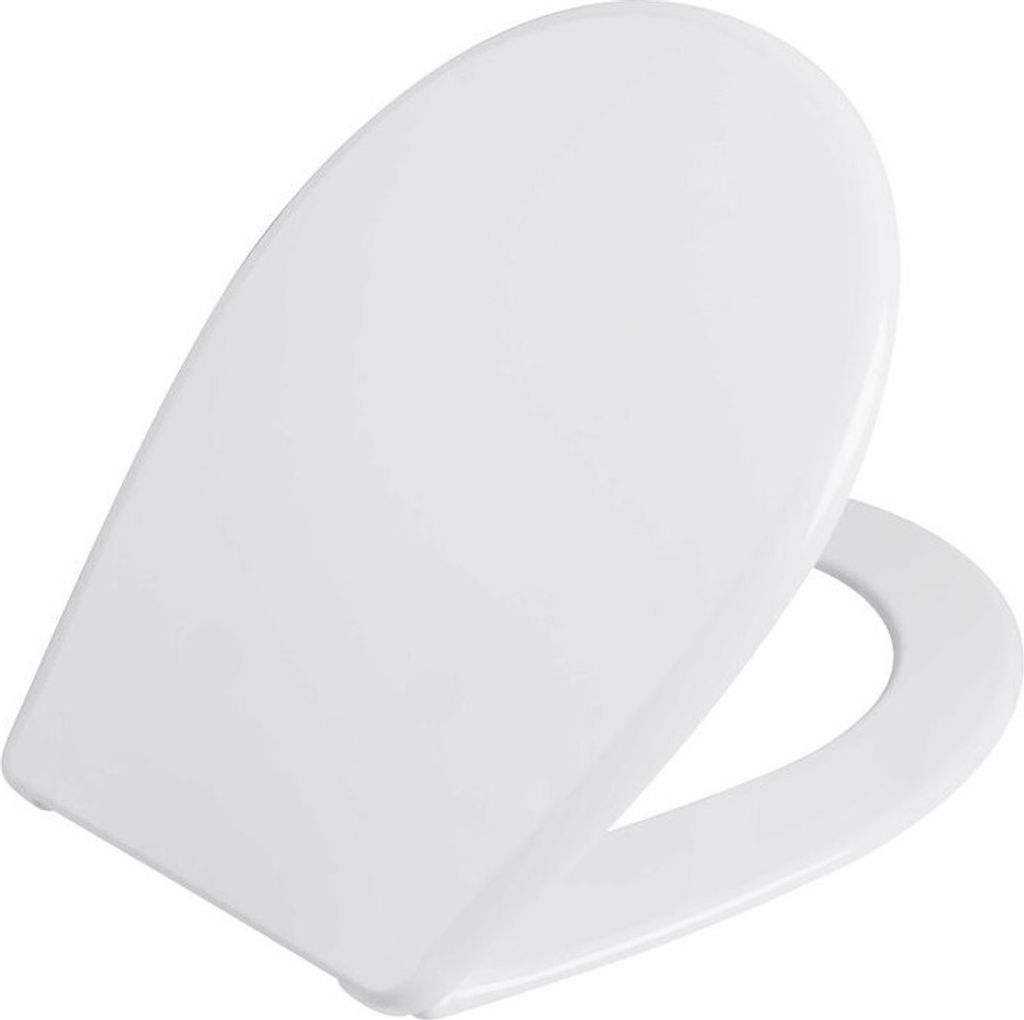 A white toilet seat lid is shown from a slightly elevated angle against a white background.