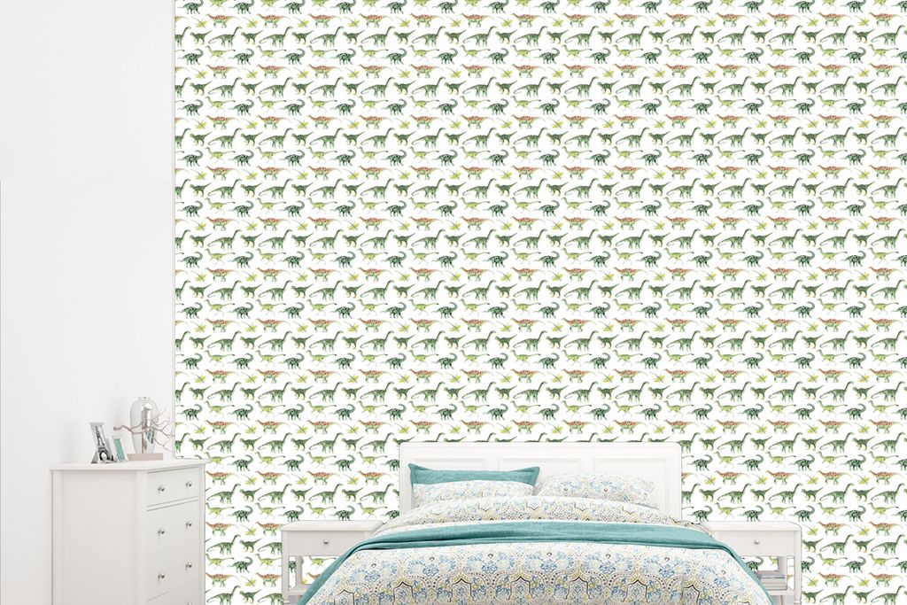 MuchoWow Fototapete für Wohnzimmer oder Schlafzimmer Wandtapete Vinyl Motivtapete Jungen - Kinder - Dinosaurier - Muster - 265x220 cm - Die Küche