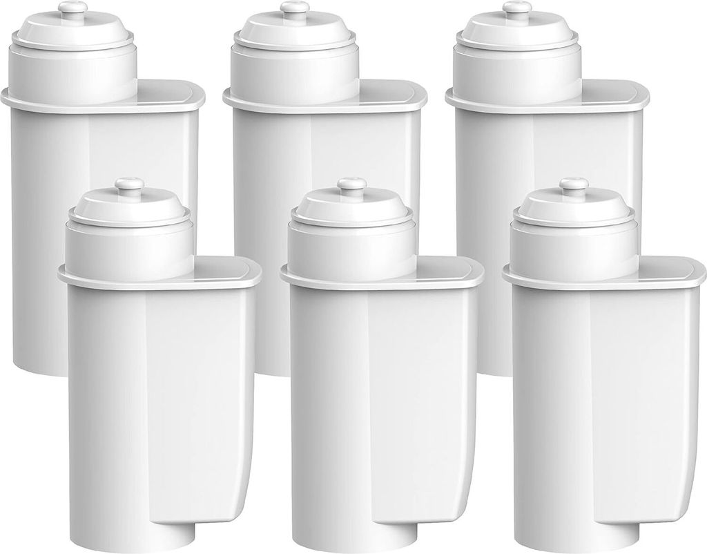 Six white water filter cartridges are arranged in two rows of three on a white background.